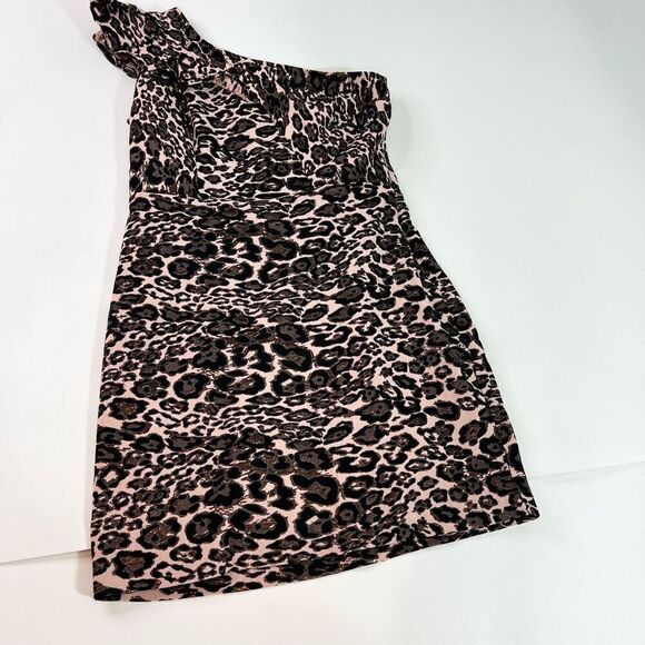 Parker Black Mini Dress Womens 16 JoJo One Shoulder Ruffle Leopard Print new - Picture 1 of 12